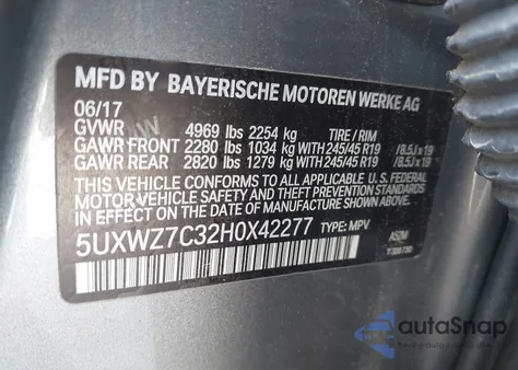 2017 BMW X3 Sdrive28I z USA, uszkodzony, nr VIN 5UXWZ7C32H0X42277